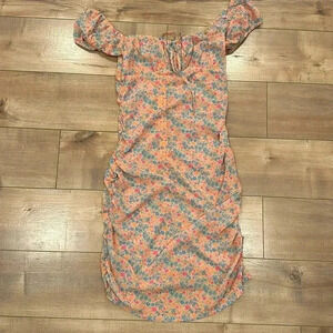 Tiger Mist Orange Floral Back Ruched Mini Dress Sz S